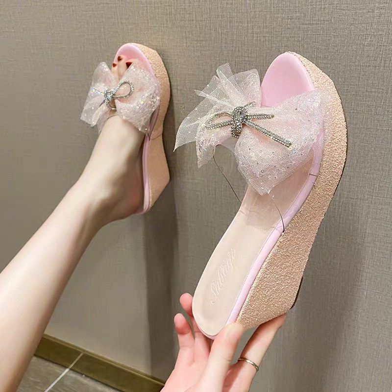 Dép đế xuồng nhũ quai trong suốt đính nơ 8 - 12 cm, hàng cao cấp