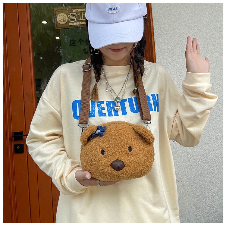 Túi đeo chéo hình GẤU NÂU đính hoa đáng yêu, túi đeo vai thú bông dễ thương