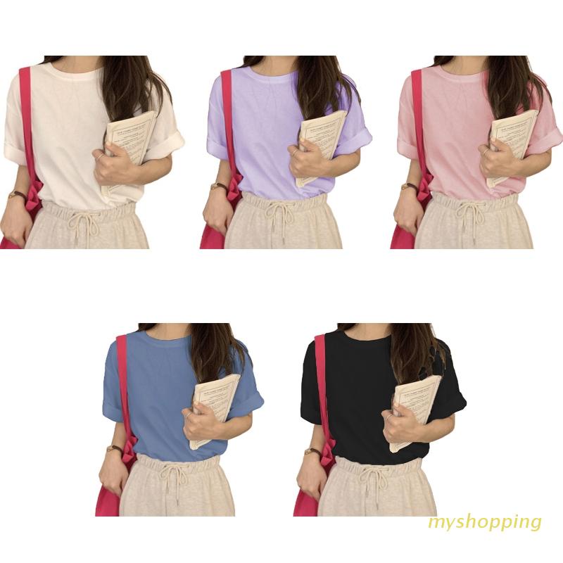 Áo Thun Cổ Tròn Tay Ngắn Dạng Cuộn Màu Sắc Kẹo Ngọt Đơn Giản Dành Cho Nữ