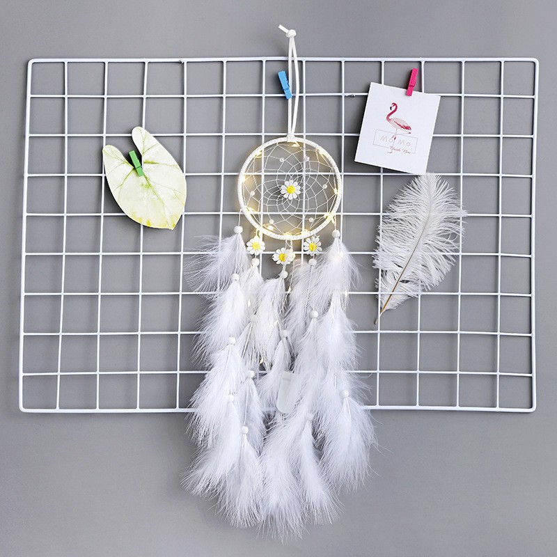 Dreamcatcher Đính Lông Vũ Trang Trí dây kim loại, lông dày( Có đèn Led phát sáng)