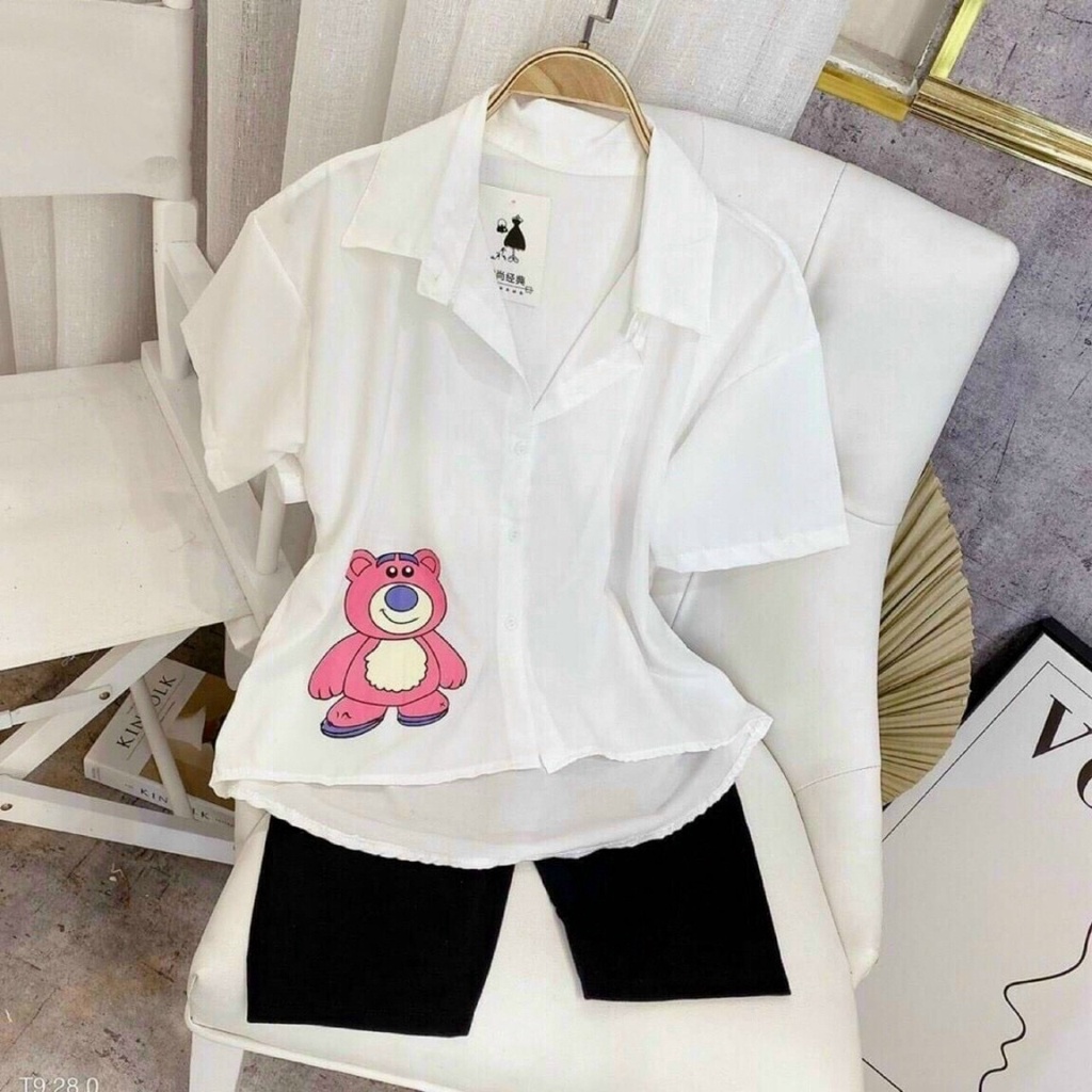Áo Sơ Mi Nữ Tay Lỡ Form Rộng In Hình Gấu Dễ Thương alohashop91