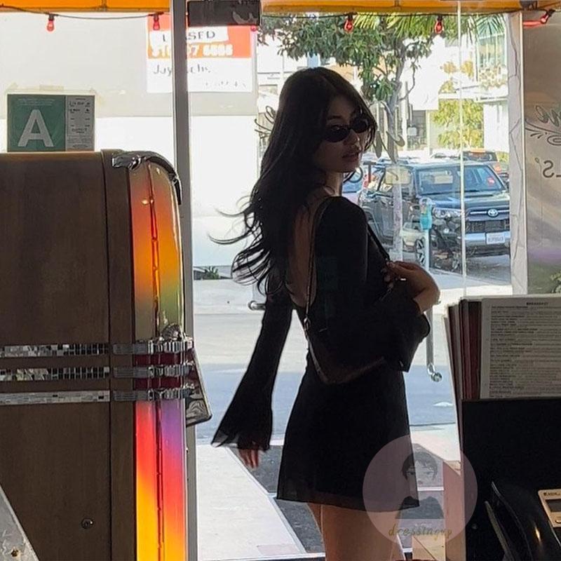 Đầm Ngắn Tay Dài Màu Trơn / Hở Lưng In Họa Tiết Hoa Màu Đen / Kaki Size S / M / L