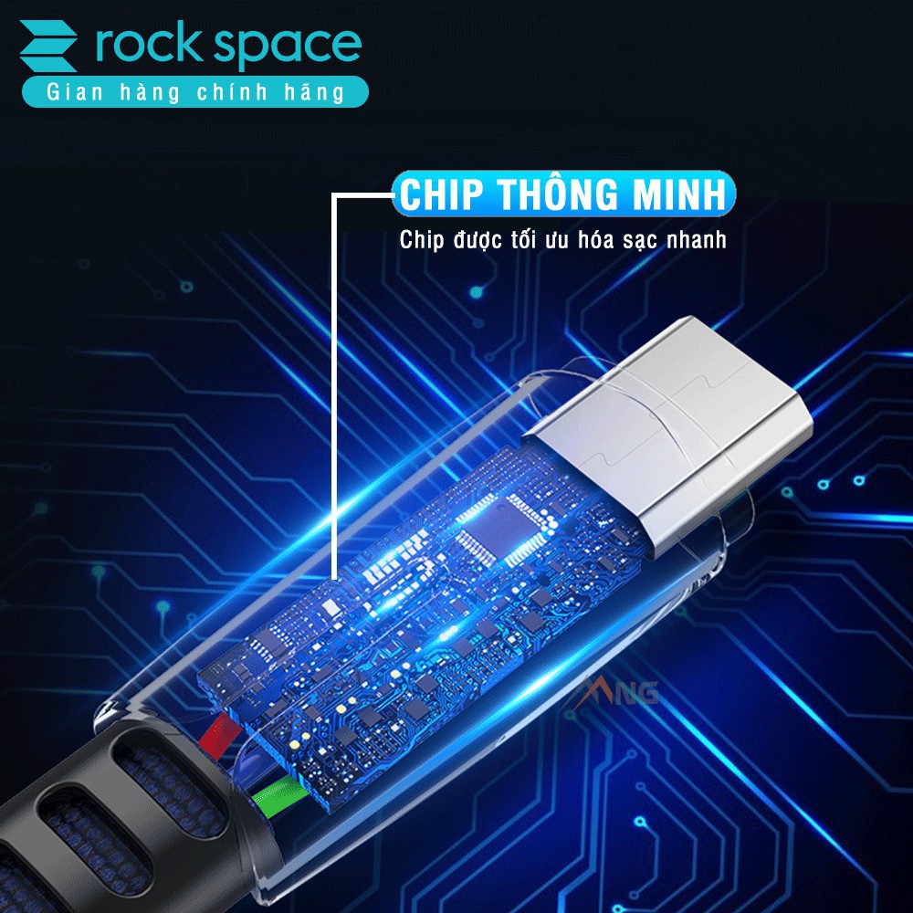 Cáp sạc Lightning Rock space M2 dài có đèn led, đầu cắm chống đứt gãy, hỗ trợ ipad/iphone/6/7/8/x/xs/xsmax/11/11pro..