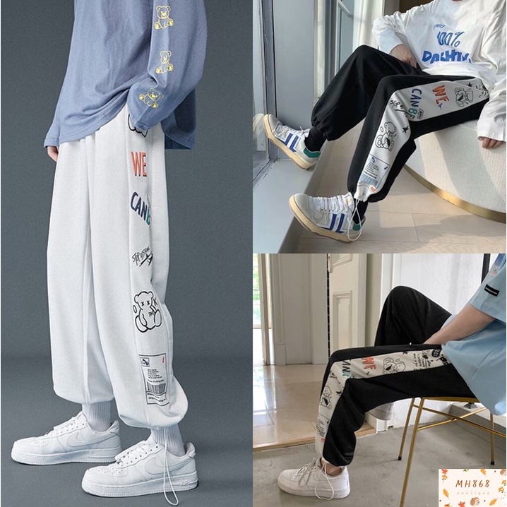 Quần jogger unisex ống suông họa tiết hoạt hình, thể thao dáng dài rút dây bo gấu cá tính nam nữ