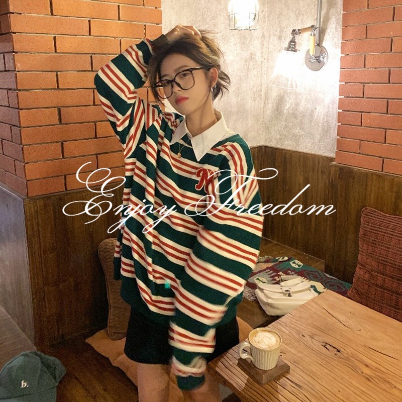 Enjoy Freedom Áo Sweater Cổ Tròn Họa Tiết Kẻ Sọc Thời Trang Thu Đông Mới 2022 Cho Nữ