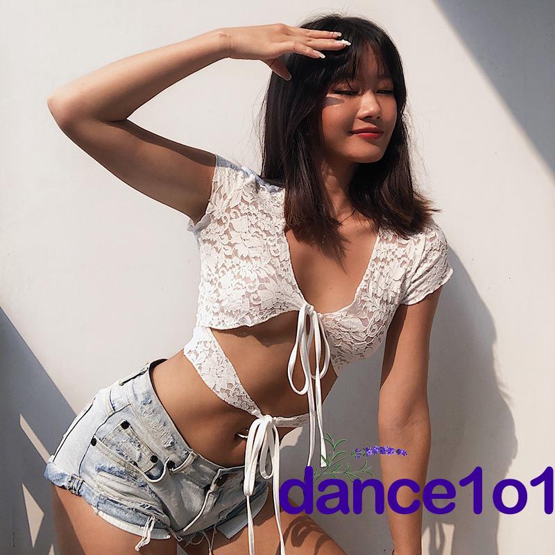 Áo croptop tay ngắn phối ren hoa xinh xắn gợi cảm dành cho nữ