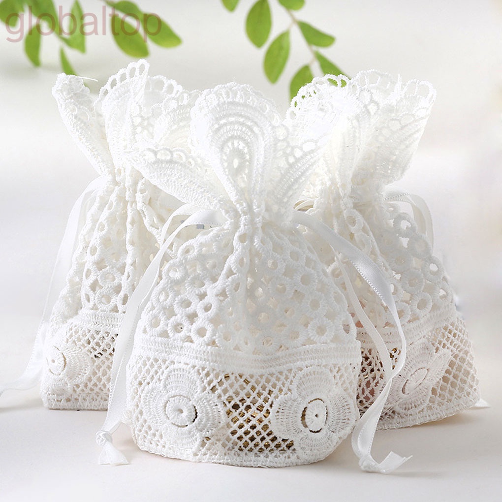 Túi dây rút đựng trang sức bằng vải lanh cotton phối ren màu trắng
