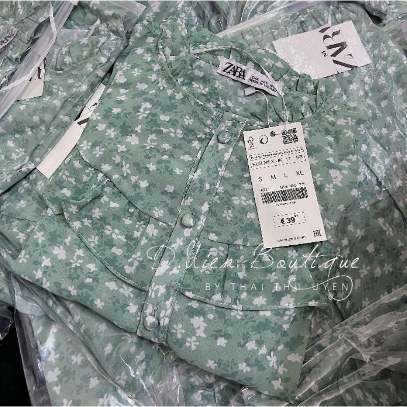 Áo kiểu sơ mi hoa voan bèo ngực túi zip