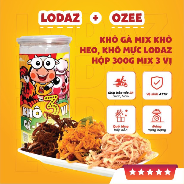 Khô gà mix khô heo, khô mực LODAZ ăn vặt vừa ngon vừa rẻ Hà Nội hộp 300g mix 3 vị