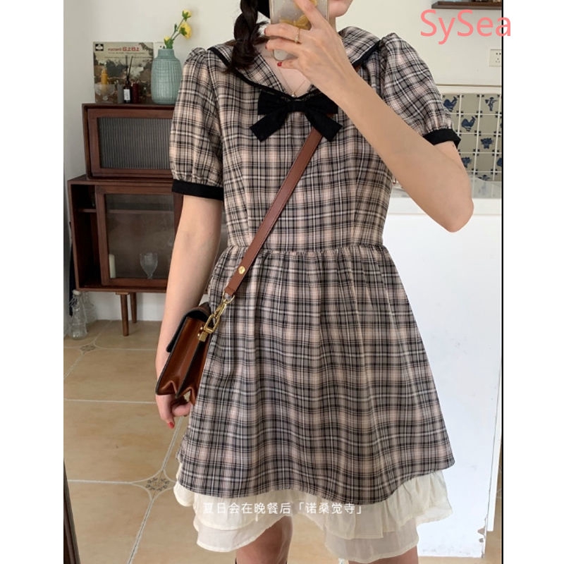 Đầm Tay Phồng Họa Tiết Ca Rô Ca Rô Phối Nơ Đáng Yêu Cho Nữ Mùa Hè