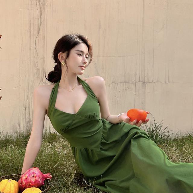 Jiashucheng Đầm Xòe Dài Không Tay Lưng Cao Cổ Điển Màu Xanh Lá Mùa Xuân Kích Thước Lớn Cho Nữ Đi Nghỉ Mát