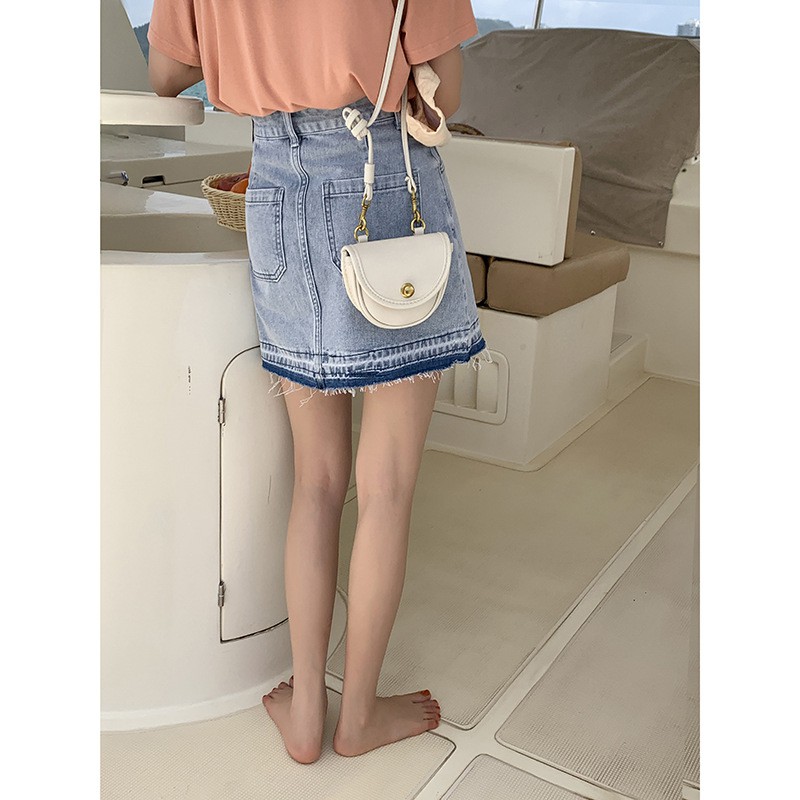 Chân váy Jean ngắn Denim Lưng cao Dáng chữ A Bạc màu Viền tua rua Mùa Hè Ulzzang Hàn Quốc Cạp cao | BigBuy360 - bigbuy360.vn
