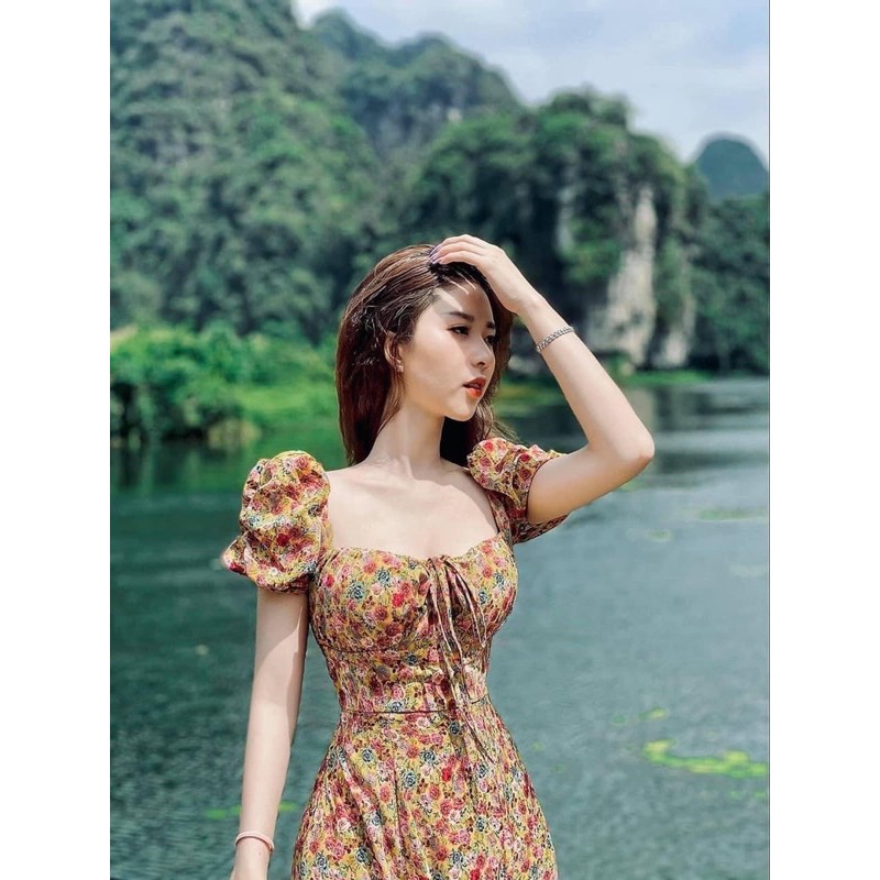 (Ảnh thật + Video) Váy hoa nhí xẻ tà cúp đệm ngực