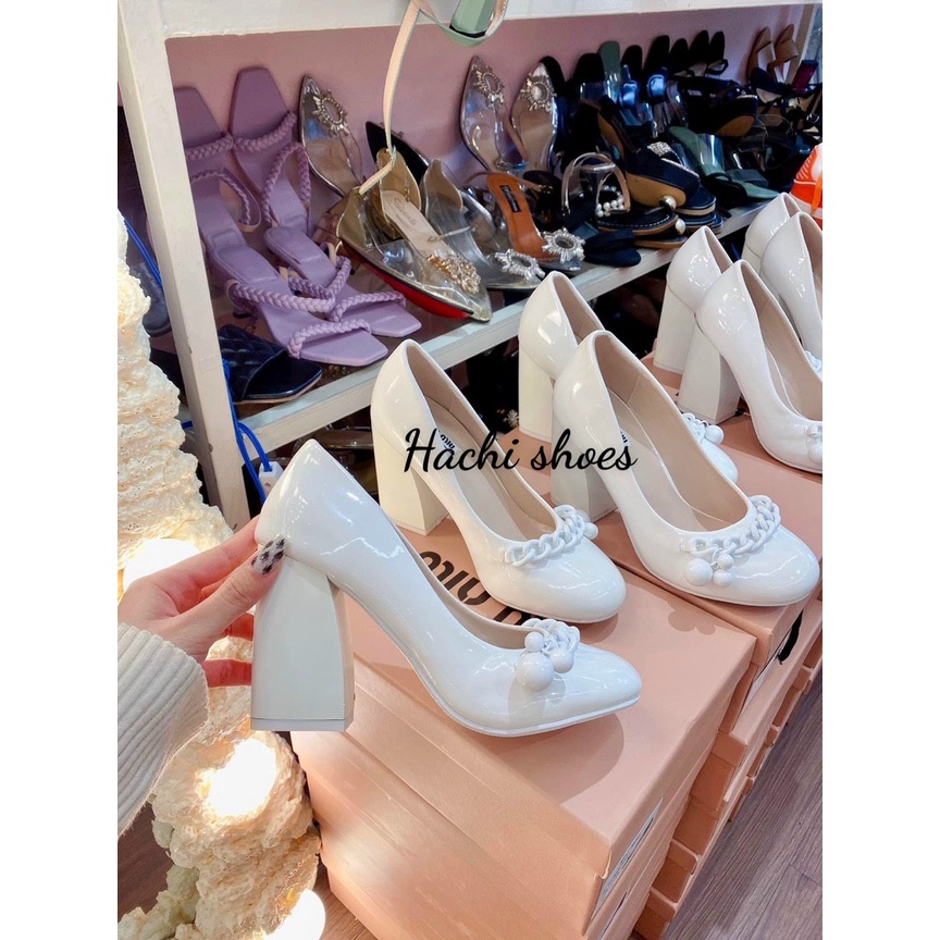 Giày cao gót trắng miumiu gót vuông cao 9cm mẫu hót fullbõx MX2021