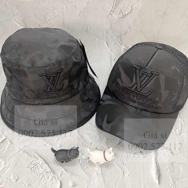 Cặp nón kết lưỡi trai - bucket dù thêu L.V phối lưới thời trang nam nữ