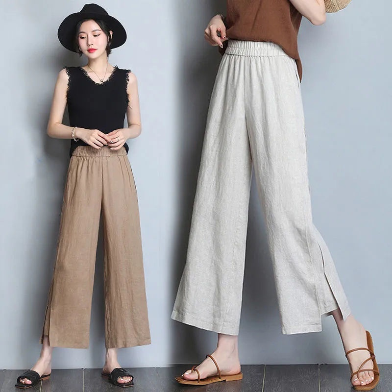 Quần Ống Rộng Vải Lanh Cotton Plus Size Cho Nữ