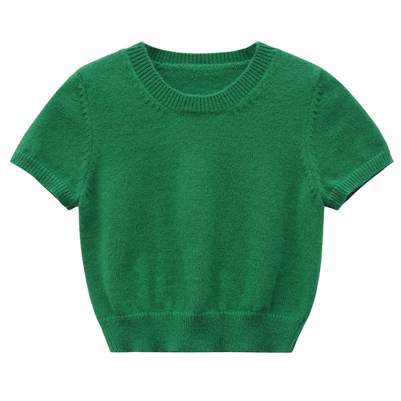 Áo Thun Dệt Kim Tay Ngắn Màu Xanh Lá Phong Cách retro Thời Trang Hàn Quốc