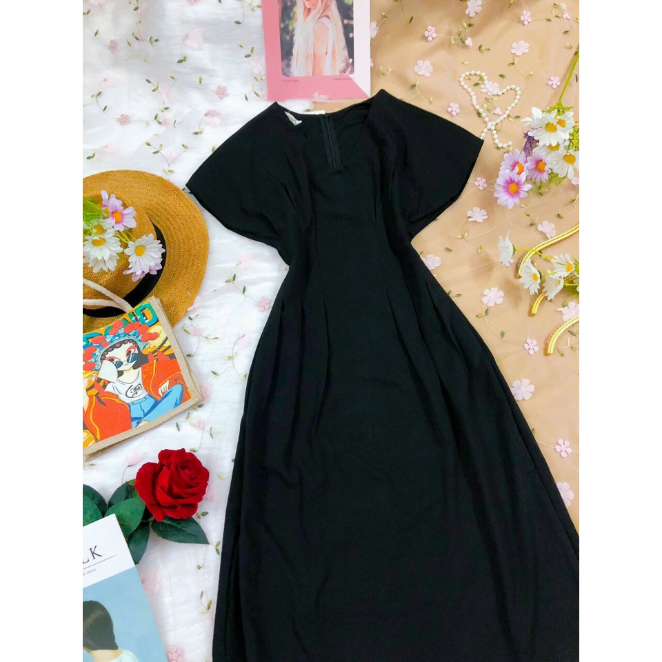 Váy dự tiệc cưới sang trọng đầm nữ công sở cao cấp cổ tim dáng suông thiết kế hàn quốc đen nu K N Boutique
