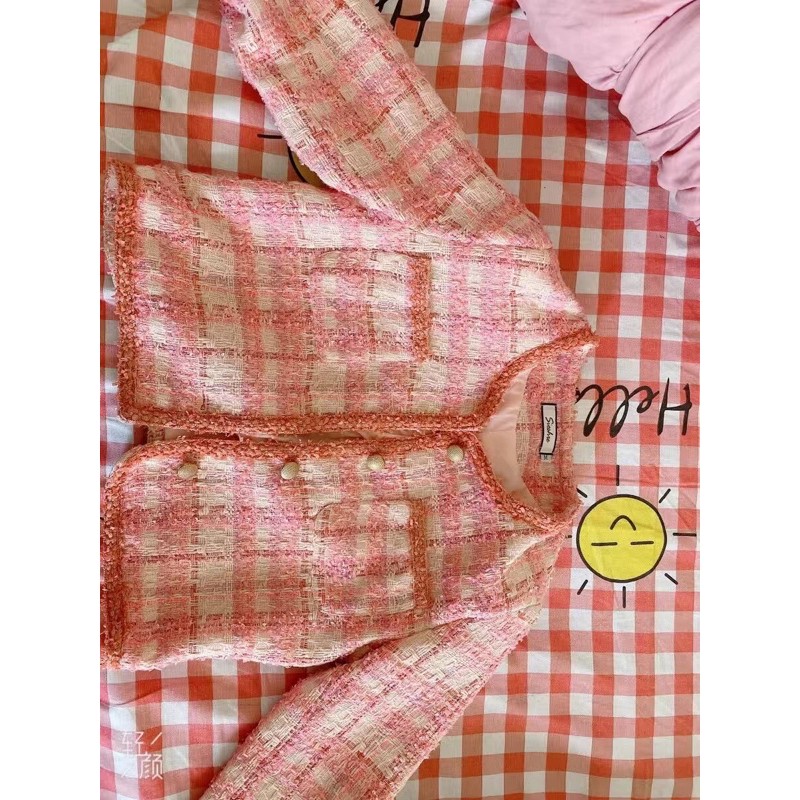 Áo khoác dạ tweed hồng cổ tròn dáng ngắn