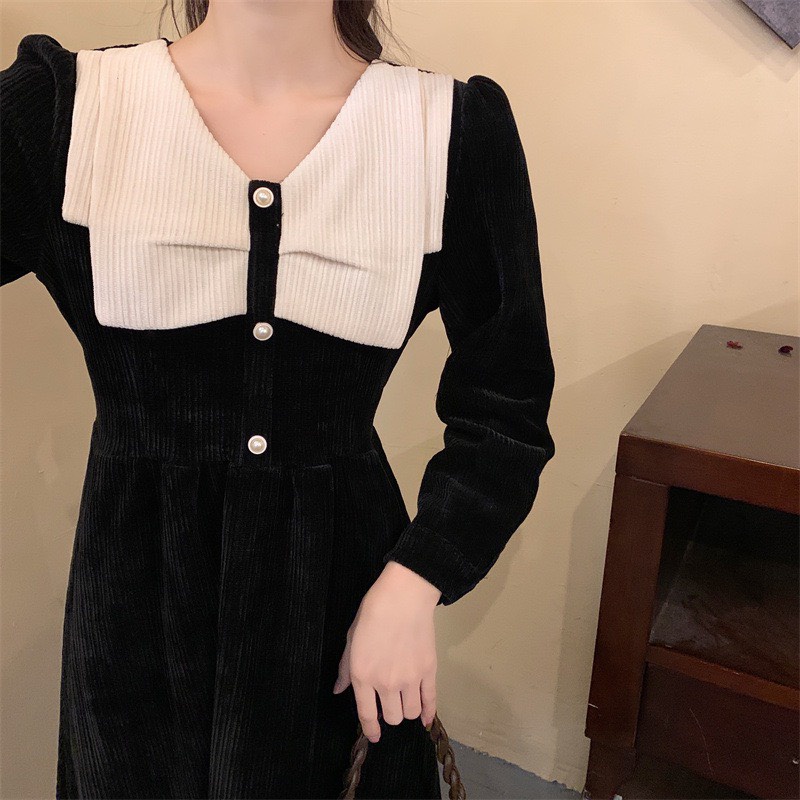 Váy đầm đen cổ trắng chất nhung tăm dày dặn tay dài thu đông phong cách Hàn Quốc