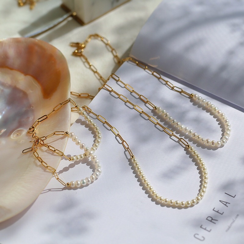 Bộ trang sức titan vàng mix hạt ngọc trai nhân tạo 6ly