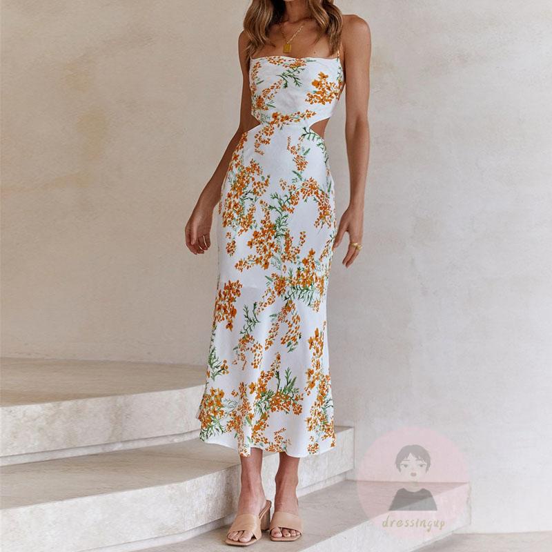 Đầm Hai Dây Mỏng Cổ Vuông In Họa Tiết Hoa Xinh Xắn Dành Cho Nữ