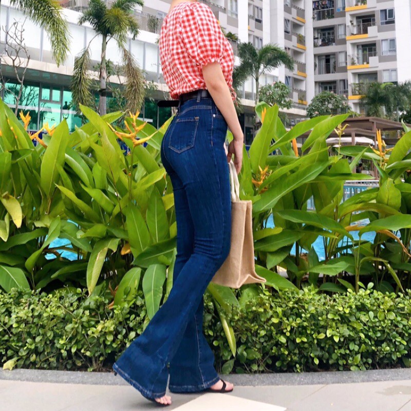 Quần bò loe dáng dài VNXK xanh đậm