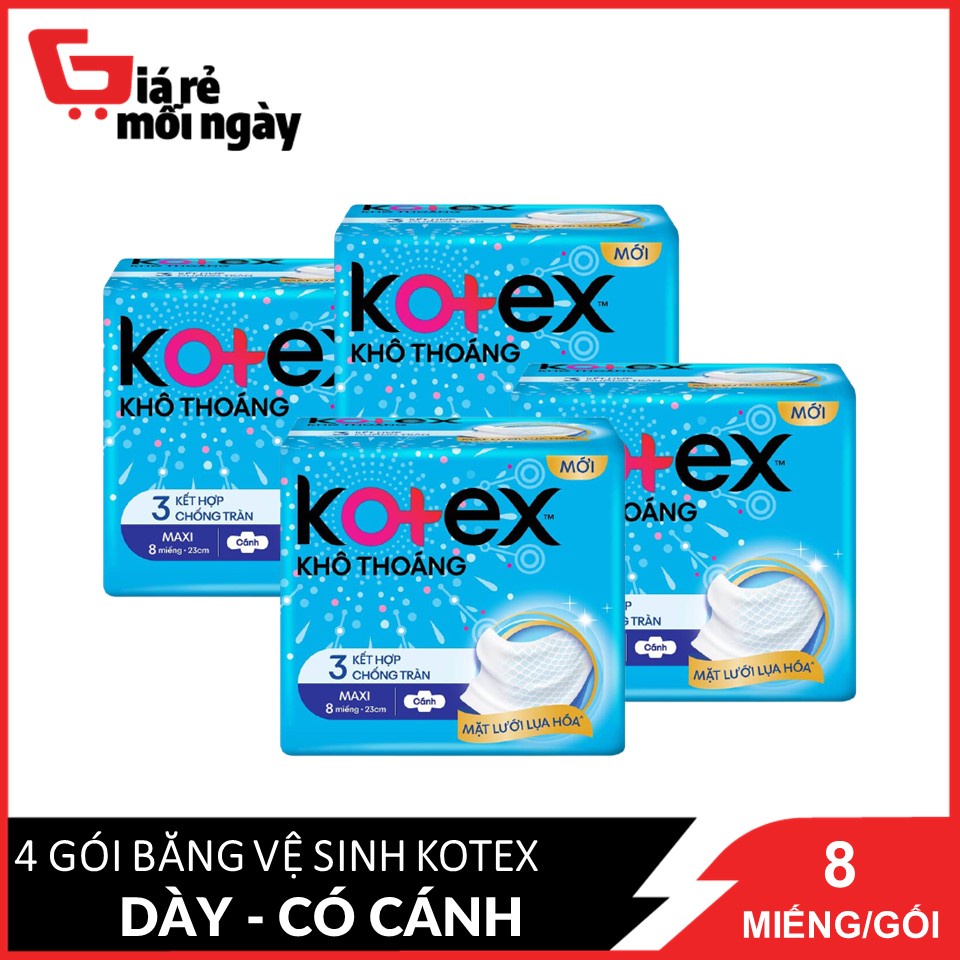 Combo 4 Băng Vệ Sinh Maxi 23cm Kotex Khô Thoáng Kết Hợp 3 Chống Tràn 8 miếng