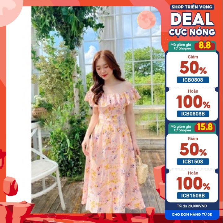 Váy hở vai đi biển hoa nhí sang chảnh váy 2 lớp voan lụa Linstore Thiết Kế V18 Lins96 98.studio