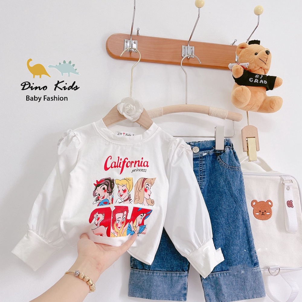 Sét quần áo cá tính cho bé gái, set bộ quần bò ống suông phối áo cotton tay bồng California cho bé size 12-32kg