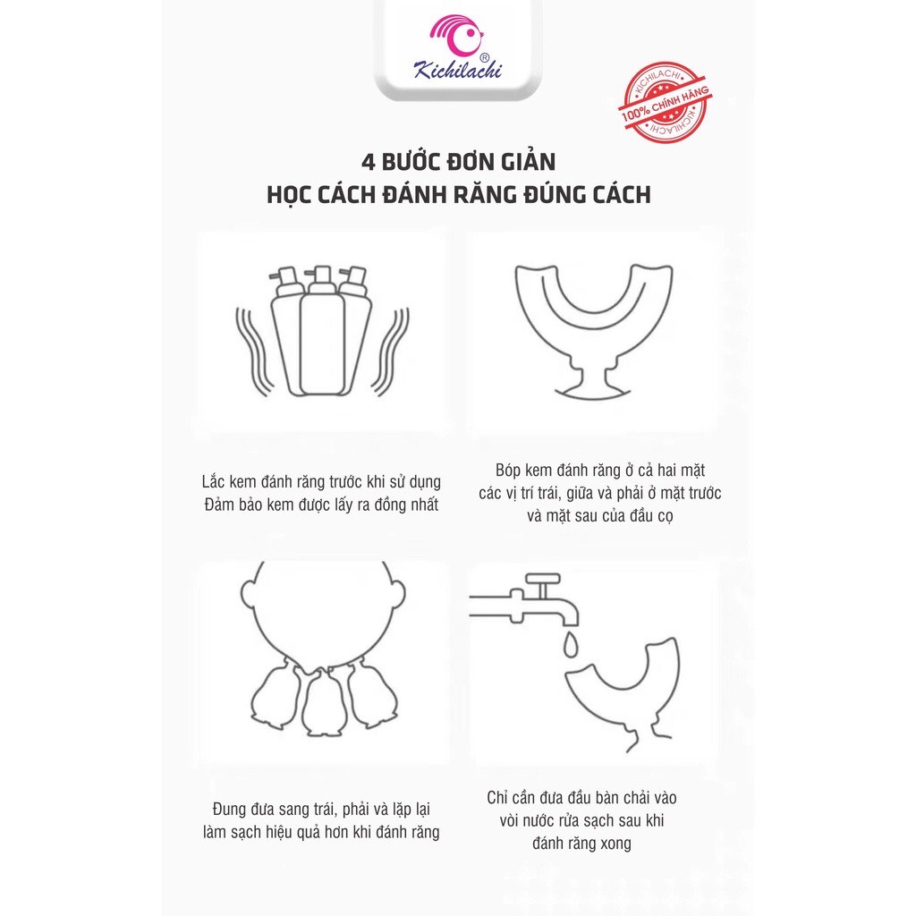 Bàn chải đánh răng silicone chữ U hình khủng long cho bé KICHILACHI có nắp đậy