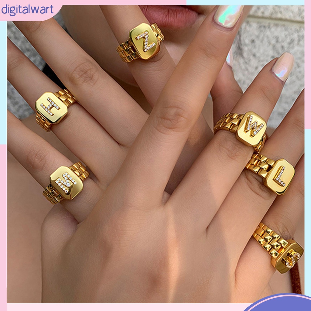 Nhẫn Bản Rộng Họa Tiết 26 Chữ Cái Đính Đá Có Thể Điều Chỉnh Cho Nam Nữ