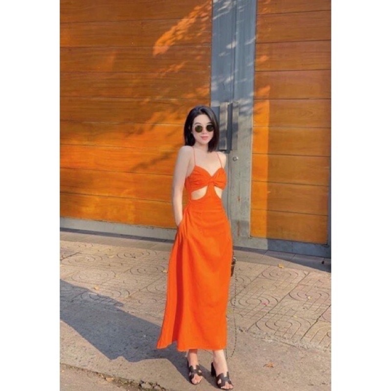 Đầm dây dáng dài cut eo hồng trendy