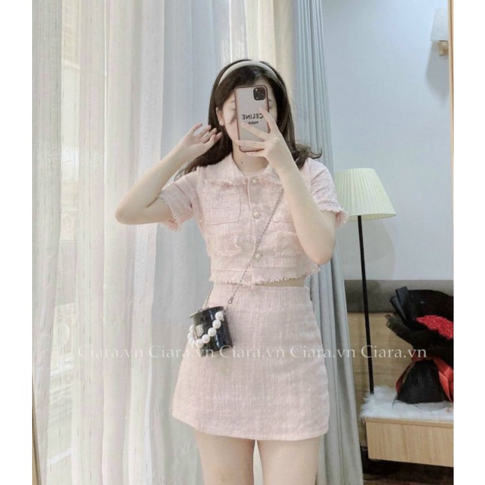 Set dạ tweed xanh dương, hồng, nude cúc ngọc sang chảnh