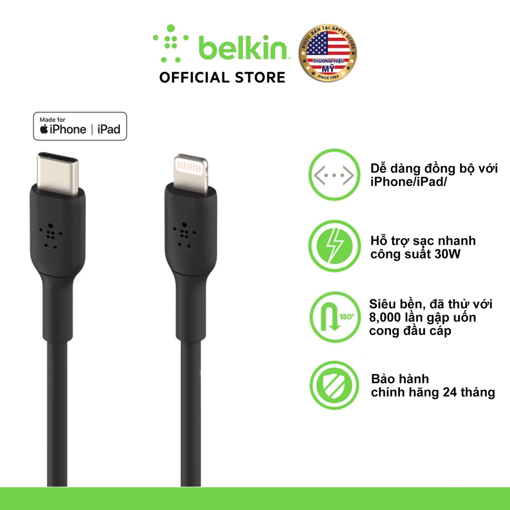 Cáp USB-C to Lightning BOOST CHARGE Belkin vỏ nhựa, chứng chỉ MFi, sạc nhanh 30W - Hàng chính hãng