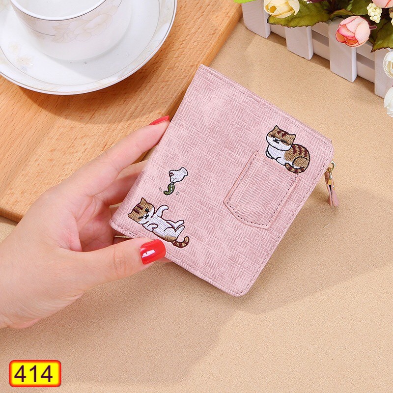 Ví Ngắn Nữ Cầm Tay Cao Cấp 414 Thêu 2 Con Mèo Hot Trend Dễ Thương - Hazo