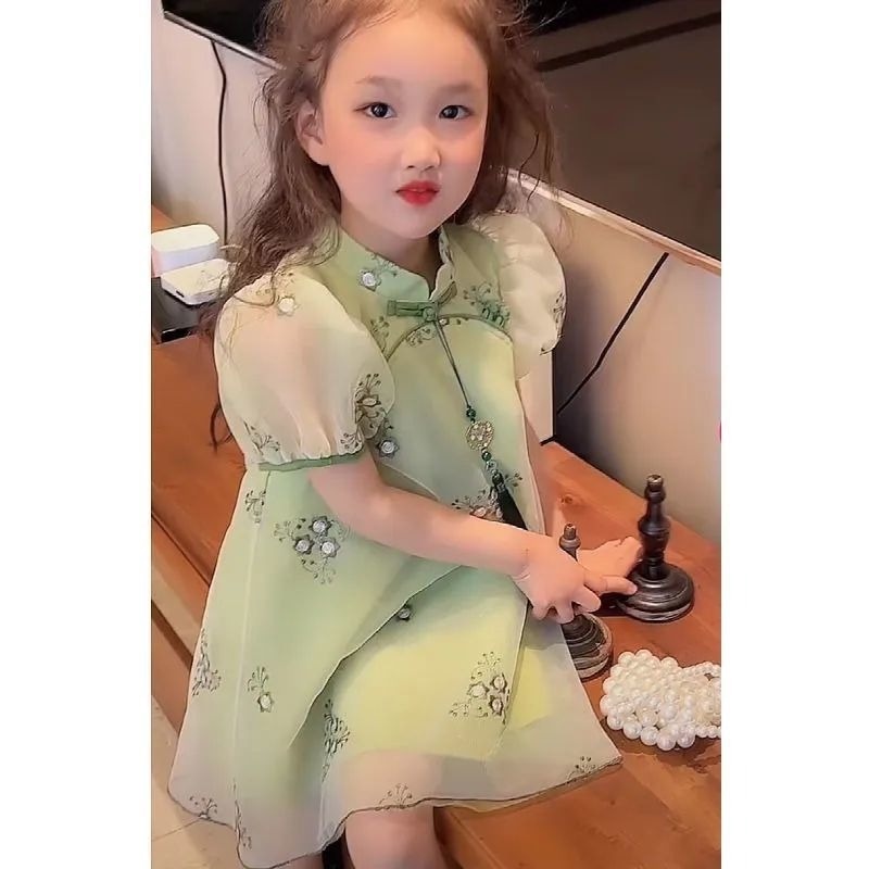 Đầm Sườn Xám Ngắn Tay Thời Trang Mùa Hè Trung Hoa Dành Cho Bé Gái