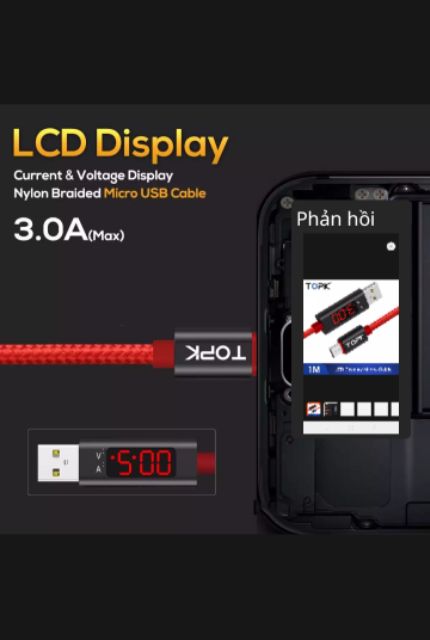 CÁP SẠC TOPK AC27 CÁP USB 1M Có Hiển Thị Dòng Sạc QC3.0