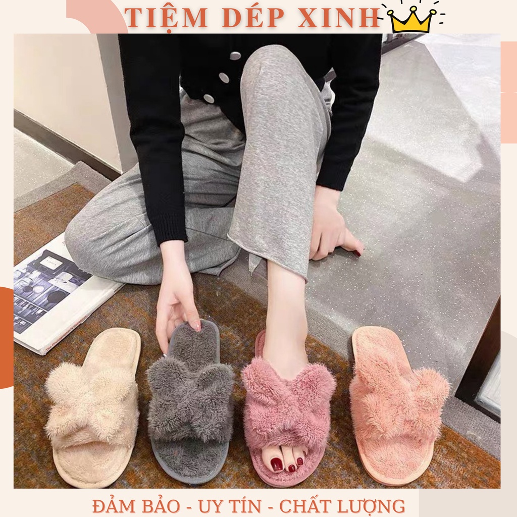 Dép Bông Đi Trong Nhà Đính Nơ  𝐅𝐑𝐄𝐄𝐒𝐇𝐈𝐏  Dép Quai Ngang lông mềm siêu ấm áp mùa thu đông bền đẹp D21 HOT