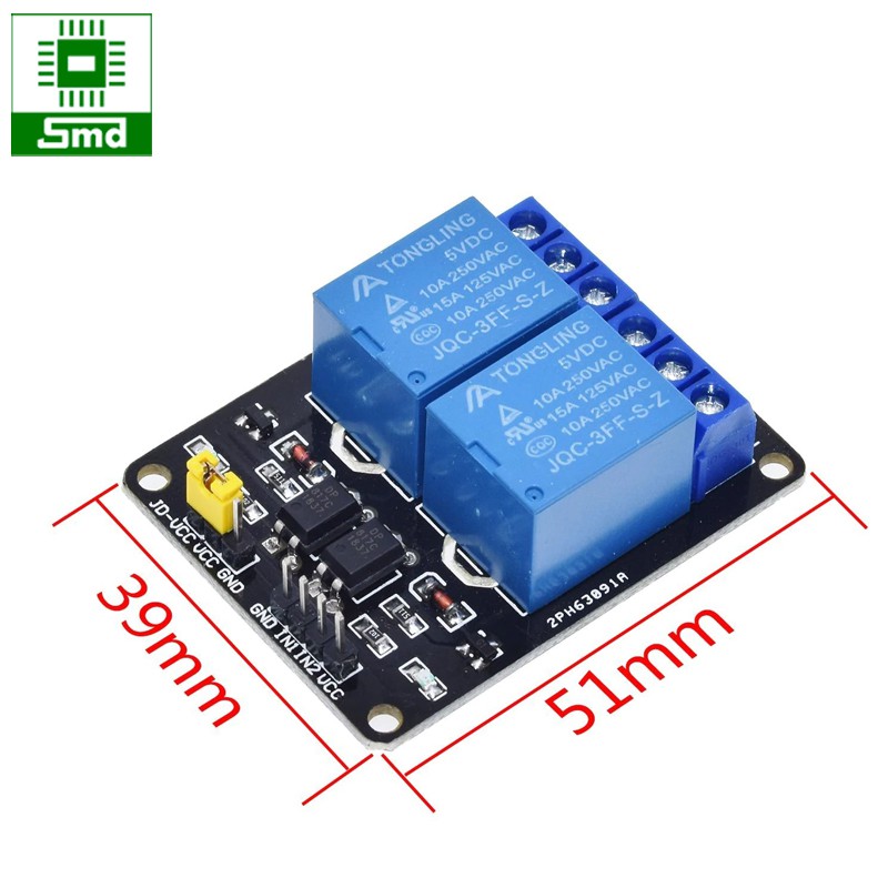 Module 2 relay 2 kênh với opto cách ly 5V đóng cắt thiết bị điện 10A