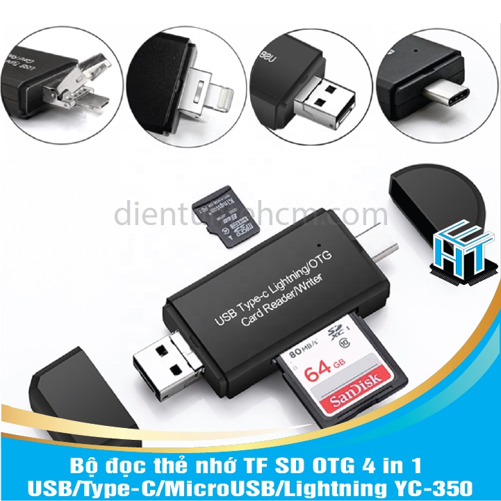 Bộ đọc thẻ nhớ TF SD OTG 4 in 1 USB/Type-C/MicroUSB/Lightning YC-350