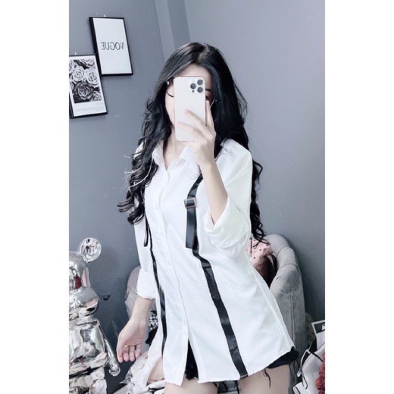 Áo Sơ Mi Sọc Phối Khuy Trắng Tay Dài Nam Nữ(Hàng Sẵn)