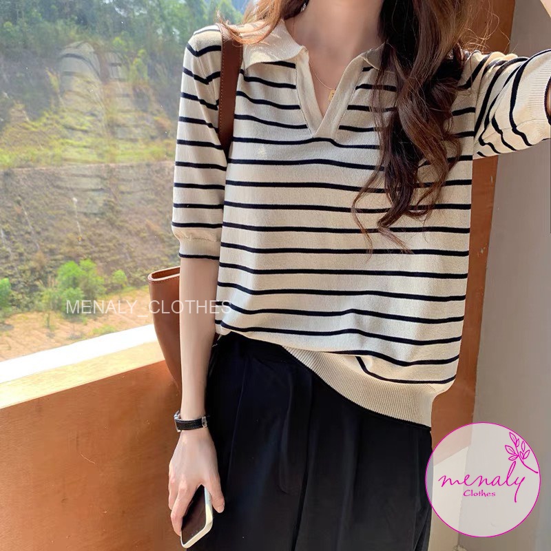 Áo len mongtoghi cộc tay hàn quốc AH038, mẫu áo len mỏng cổ đức thích hợp mùa hè thu mát mẻ | BigBuy360 - bigbuy360.vn