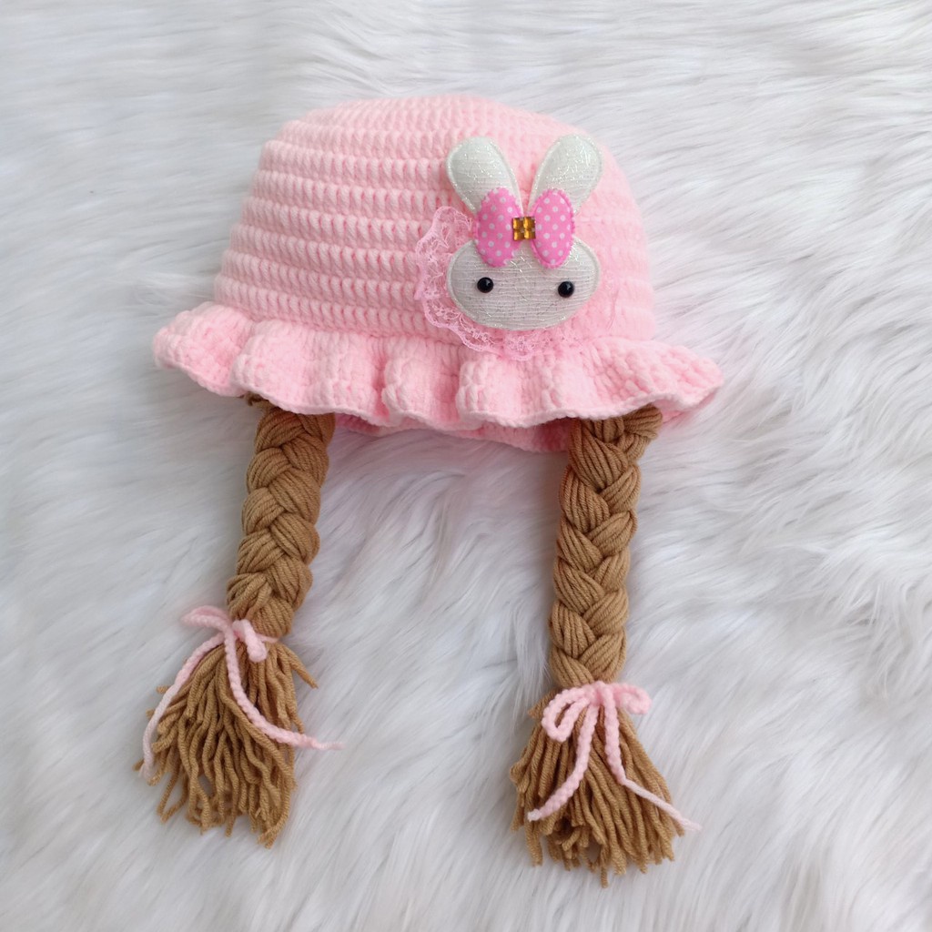 Nón Len Gắn Bím Tóc Handmade Cho Bé