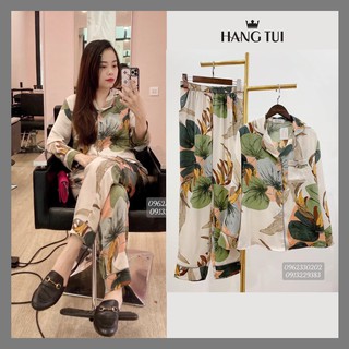 Bộ lụa Pijama họa tiết be - Bộ lụa áo dài tay quần dài cao cấp - Đồ bộ pijama - Bộ lụa ngủ