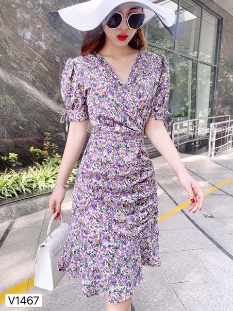 Đầm ôm body hoa tay phồng rút eo đuôi cá màu tím siêu cưng | BigBuy360 - bigbuy360.vn