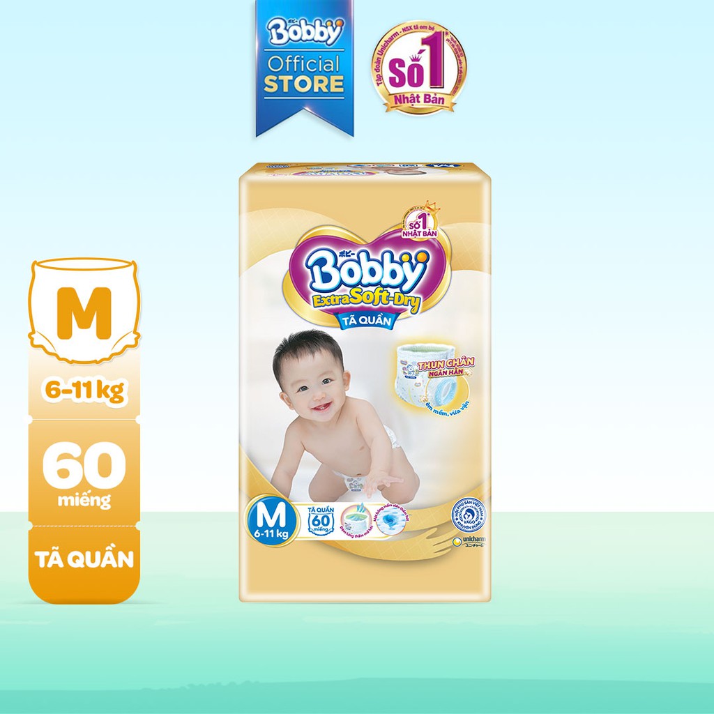 Tã Quần Siêu Mềm (Tã Bobby Vàng) Cao cấp Bobby Extra Soft-DryS70/M60/L52/XL46