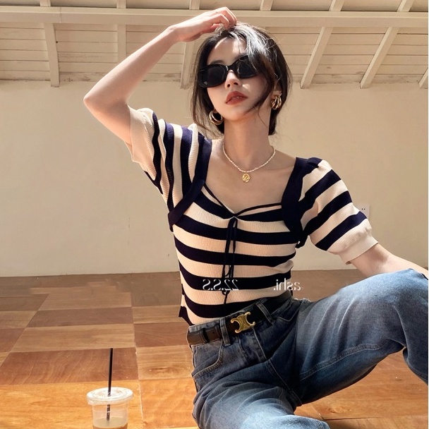 Áo dệt kim ZHELIHANGFEI ngắn tay cổ vuông kẻ sọc phối dây buộc thời trang trẻ trung