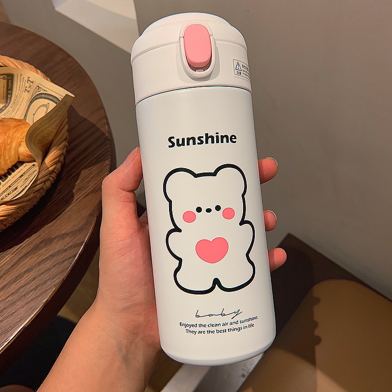 Bình đựng nước bằng thép không gỉ 304 họa tiết hoạt hình đáng yêu có ống hút cho học sinh