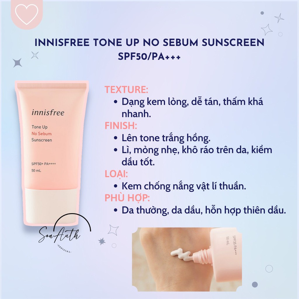 Kem chống nắng Innisfree Tone Up No Sebum Sunscreen EX SPF50+ PA++++